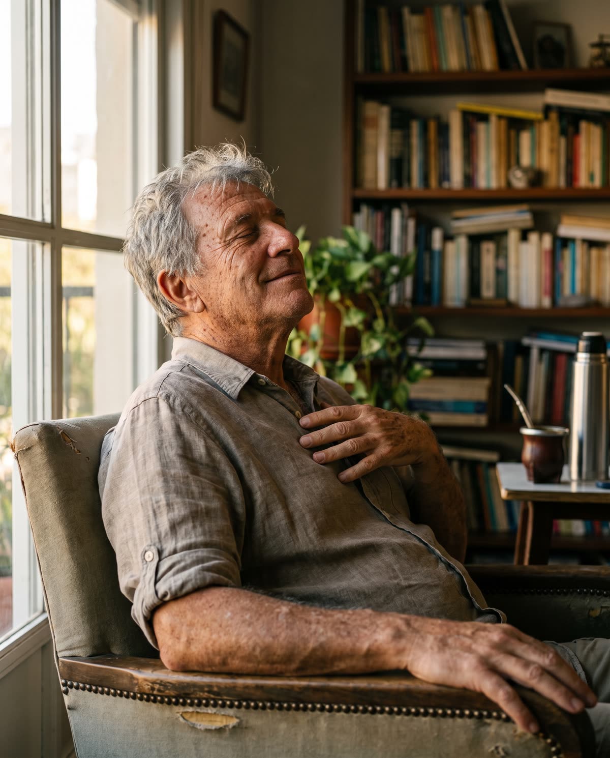 Hombre sentado junto a la ventana, con los ojos cerrados, disfrutando del silencio