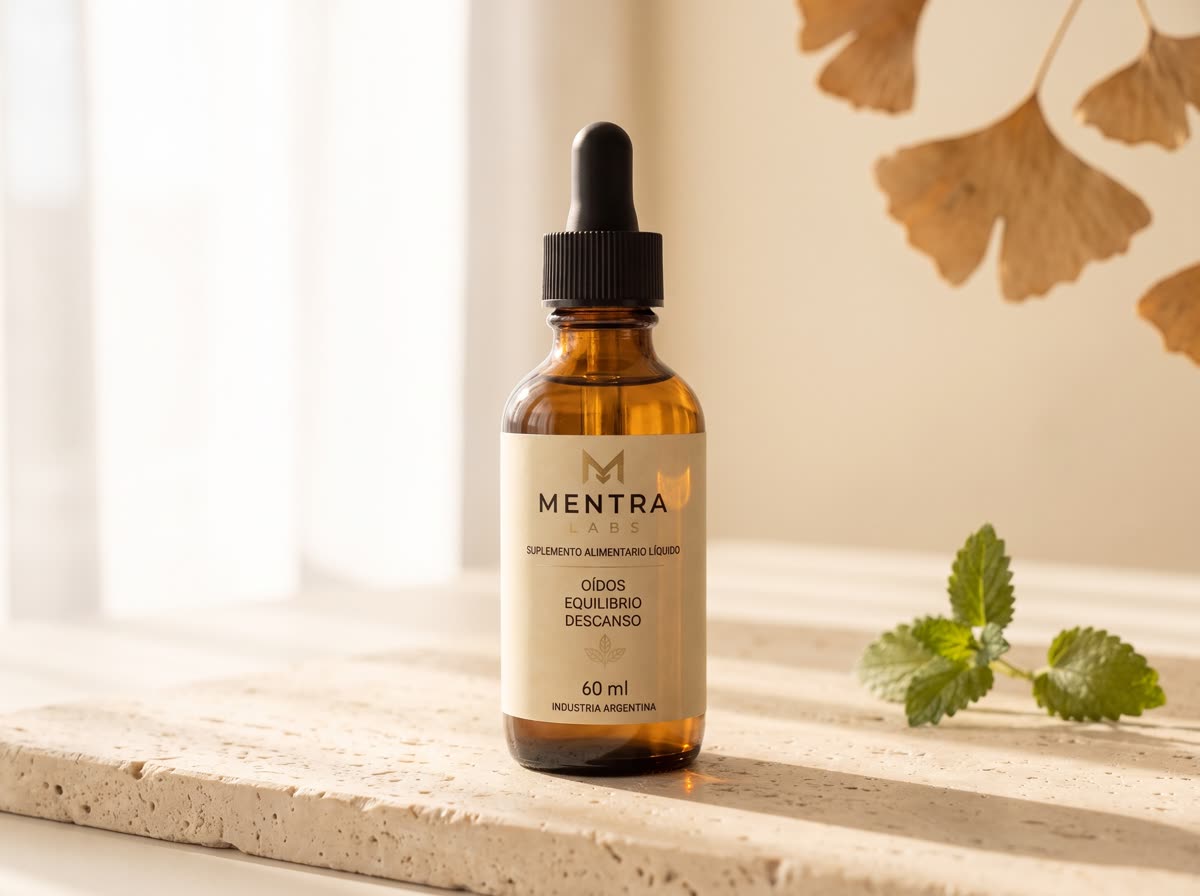 Frasco Mentra Labs 60 ml sobre piedra travertino con hojas de ginkgo y melisa